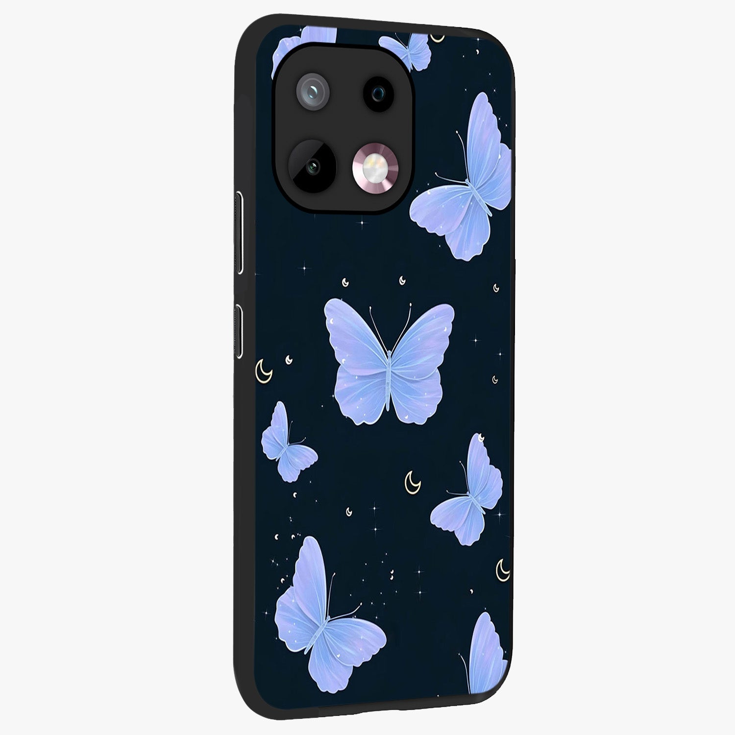 Butterfly With Stars Pattern Glass Case upright view showcasing celestial butterfly artwork with sparkling star elements.