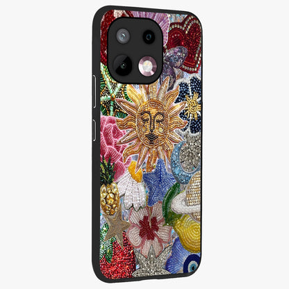 Celestial Floral and Playful Glass Case upright view showcasing whimsical floral artwork with cosmic aesthetic theme.