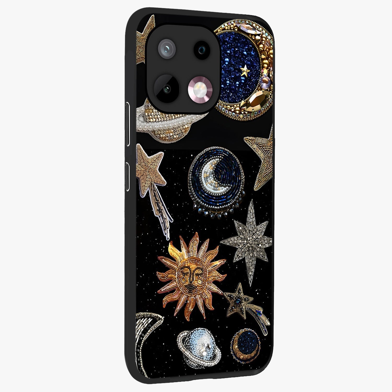 Celestial Gem Constellations Glass Case upright view showcasing cosmic constellation artwork with celestial aesthetic style.