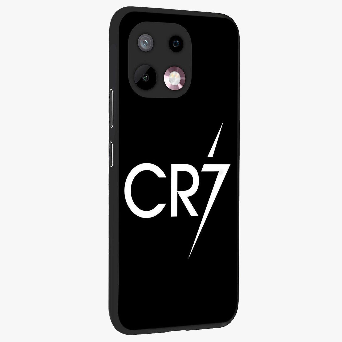 Cr7 Elite Strike Glass Case upright view showcasing energetic football inspired design with modern sports aesthetic.