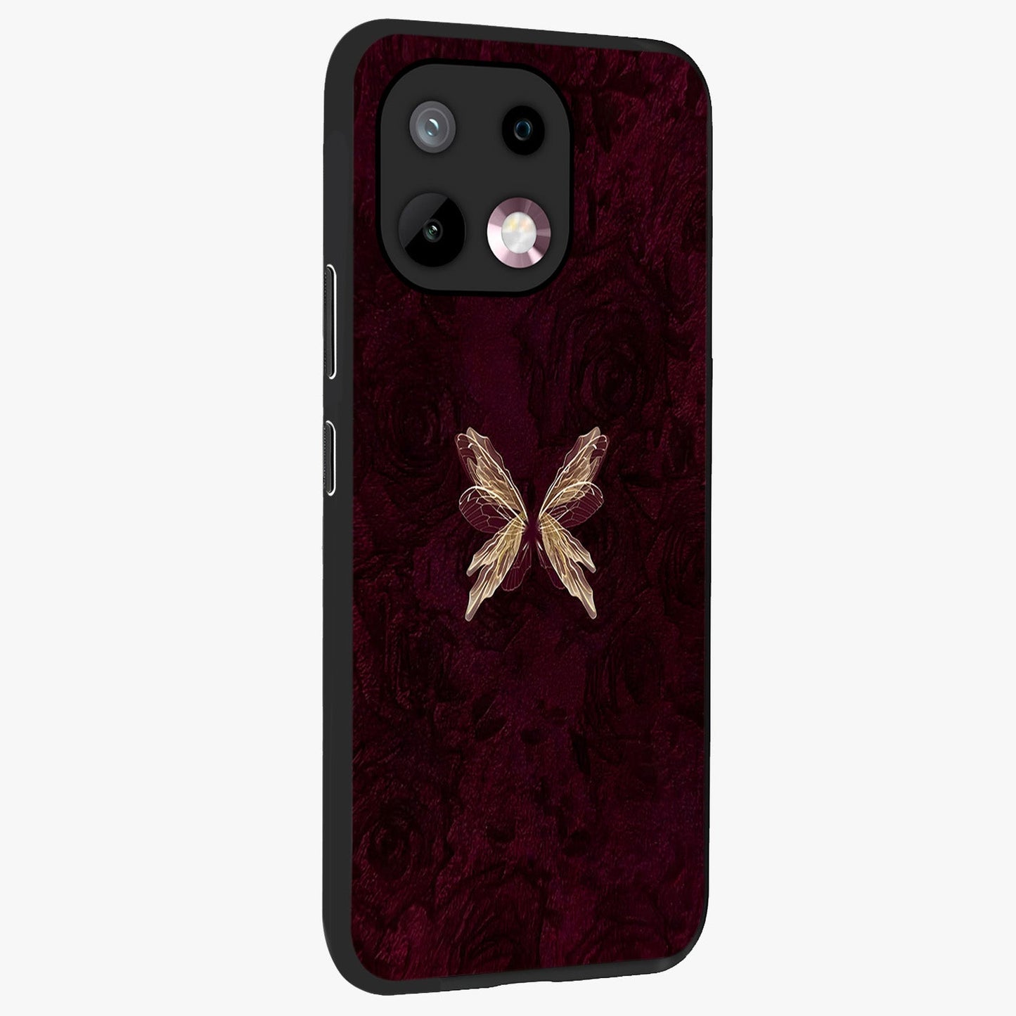 Crimson Fade Butterfly Glass Case upright view showcasing graceful butterfly artwork with soft crimson fade effect.