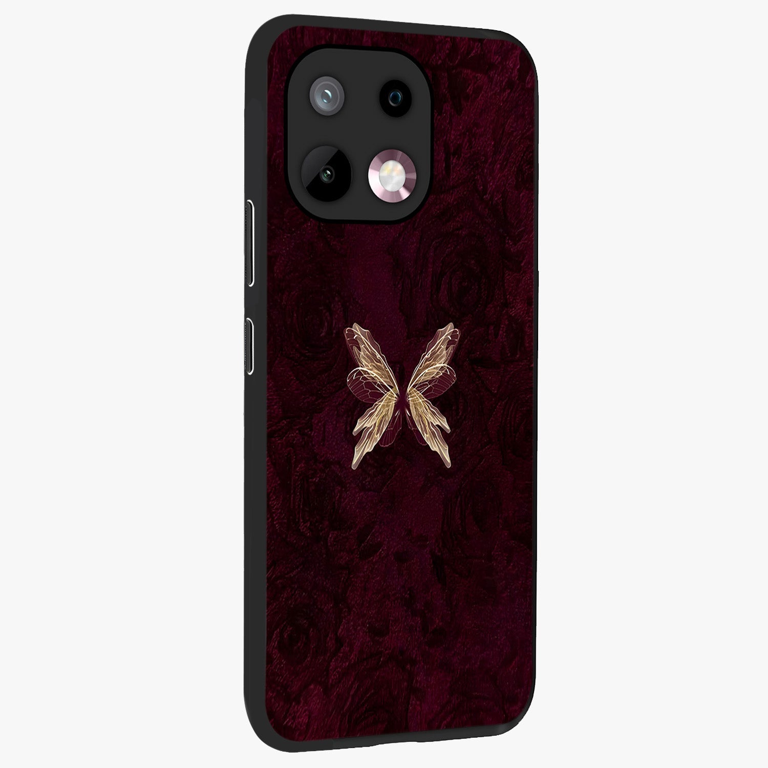 Crimson Fade Butterfly Glass Case upright view showcasing graceful butterfly artwork with soft crimson fade effect.