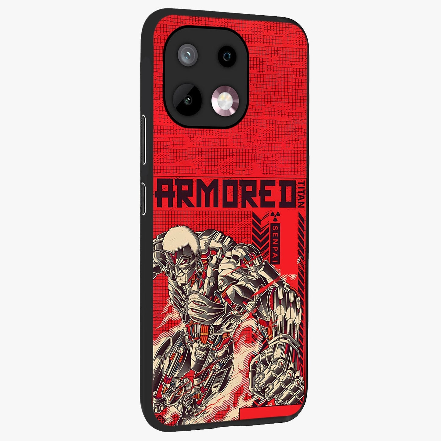 Crimson Mecha Titan Glass Case upright view showcasing dynamic robotic titan design with sci-fi inspired theme.