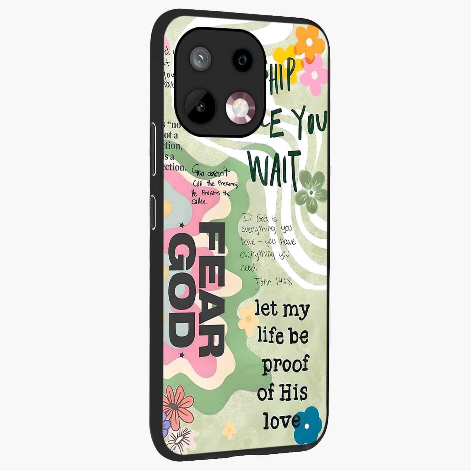 Faith Over Fear Glass Case upright view showcasing bold typography artwork with uplifting motivational theme.