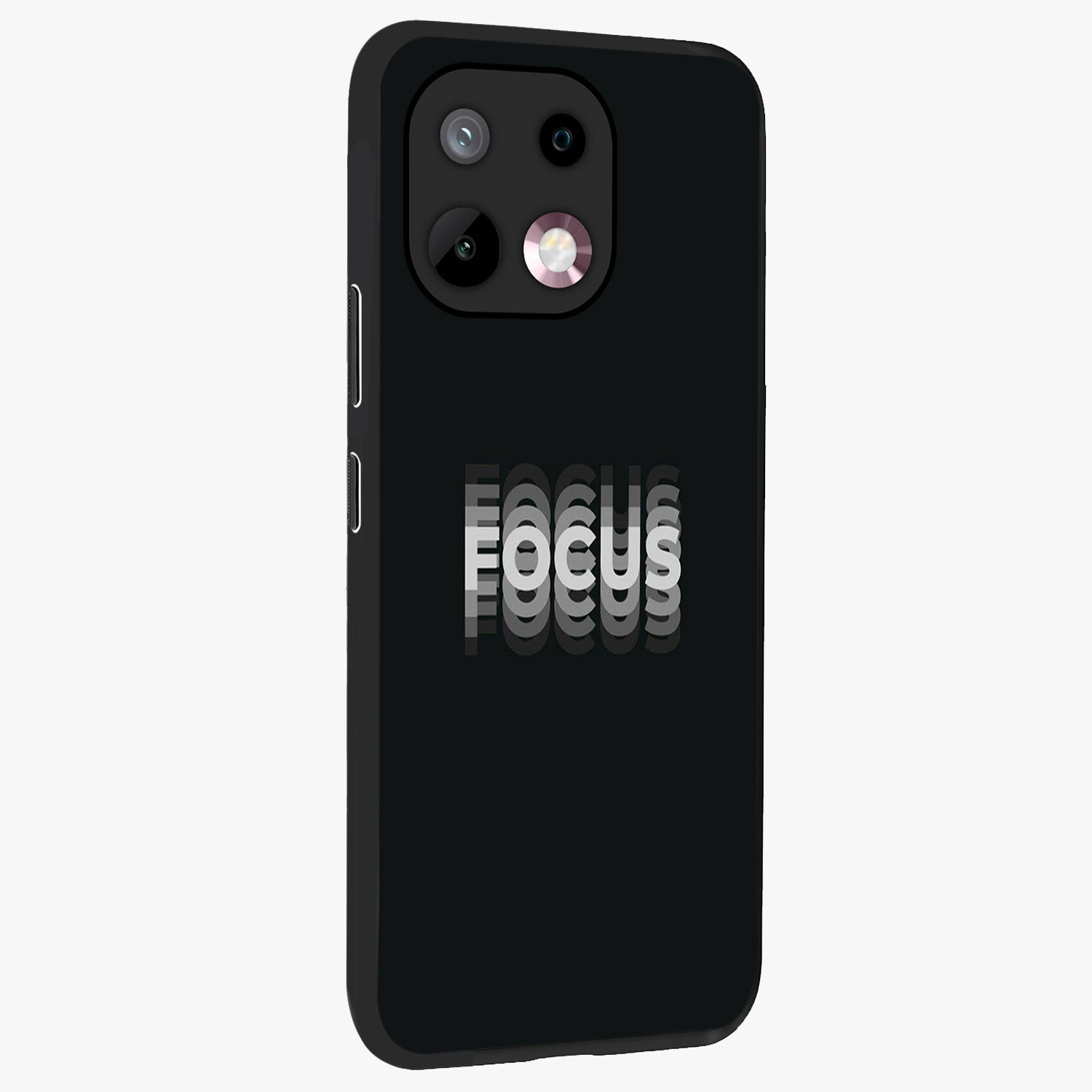 Focus Mode On Glass Case upright view showcasing strong typography statement with sleek motivational theme.