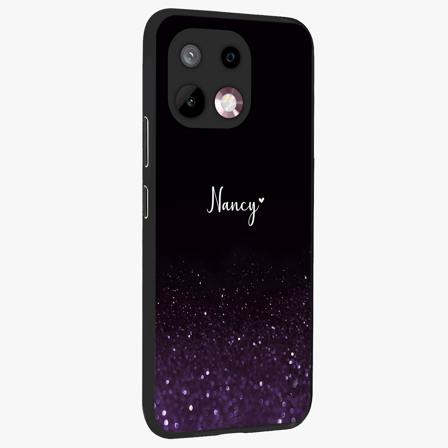 Glittery Purple Bokeh Custom Name Glass Case upright view showcasing vibrant purple sparkle artwork with personalized aesthetic style.