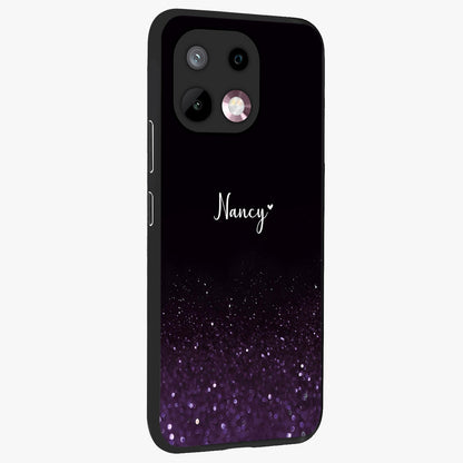 Glittery Purple Bokeh Custom Name Glass Case upright view showcasing vibrant purple sparkle artwork with personalized aesthetic style.