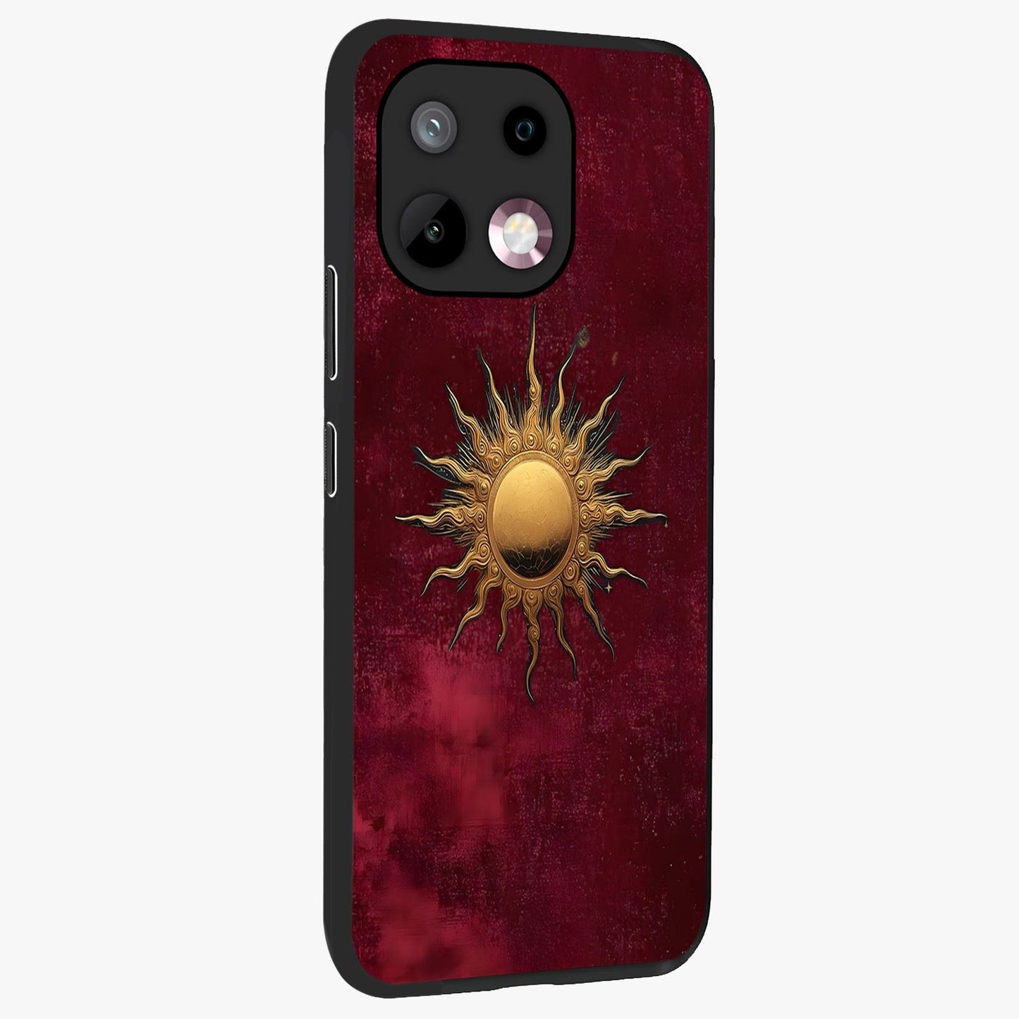 Golden Sun Minimalism Glass Case upright view showcasing simple golden sun artwork with elegant minimalist style.