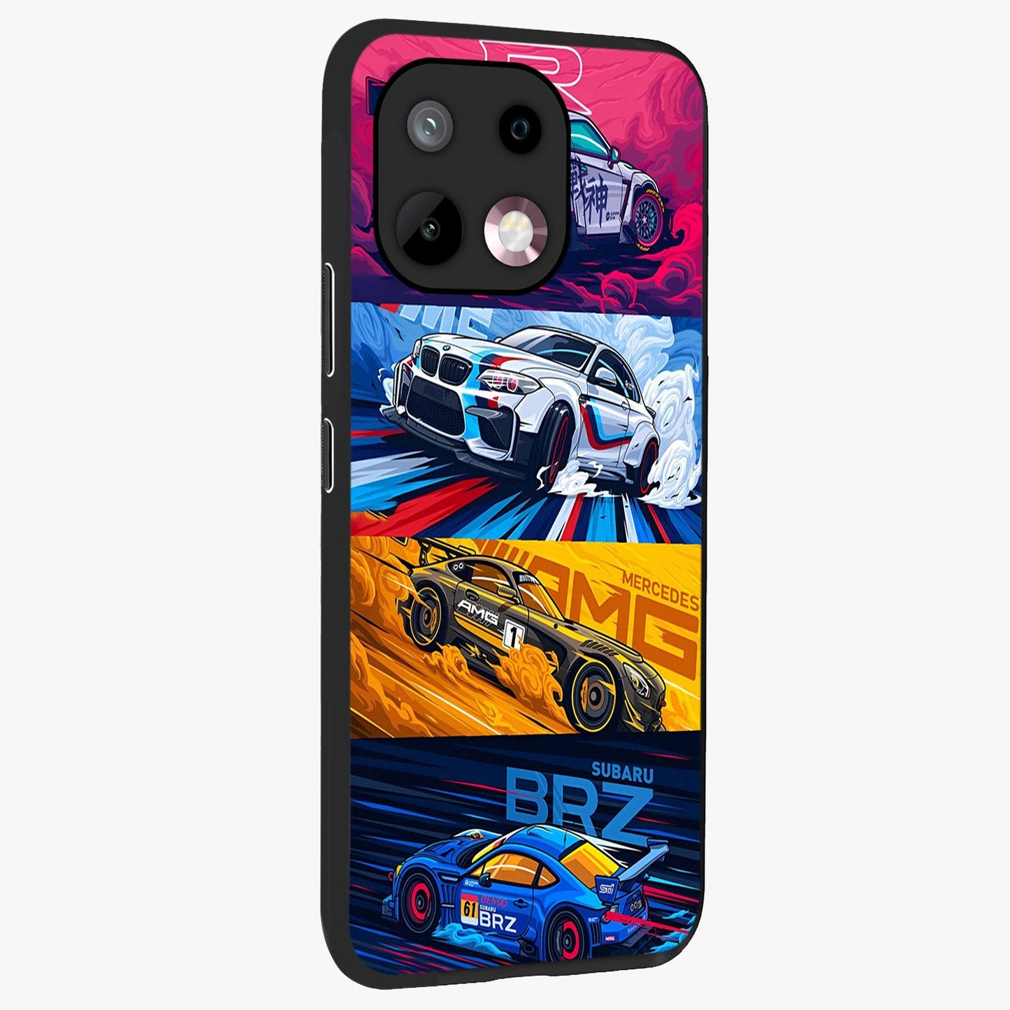 JDM Sports Car Glass Case upright view showcasing dynamic sports car artwork with bold racing theme.