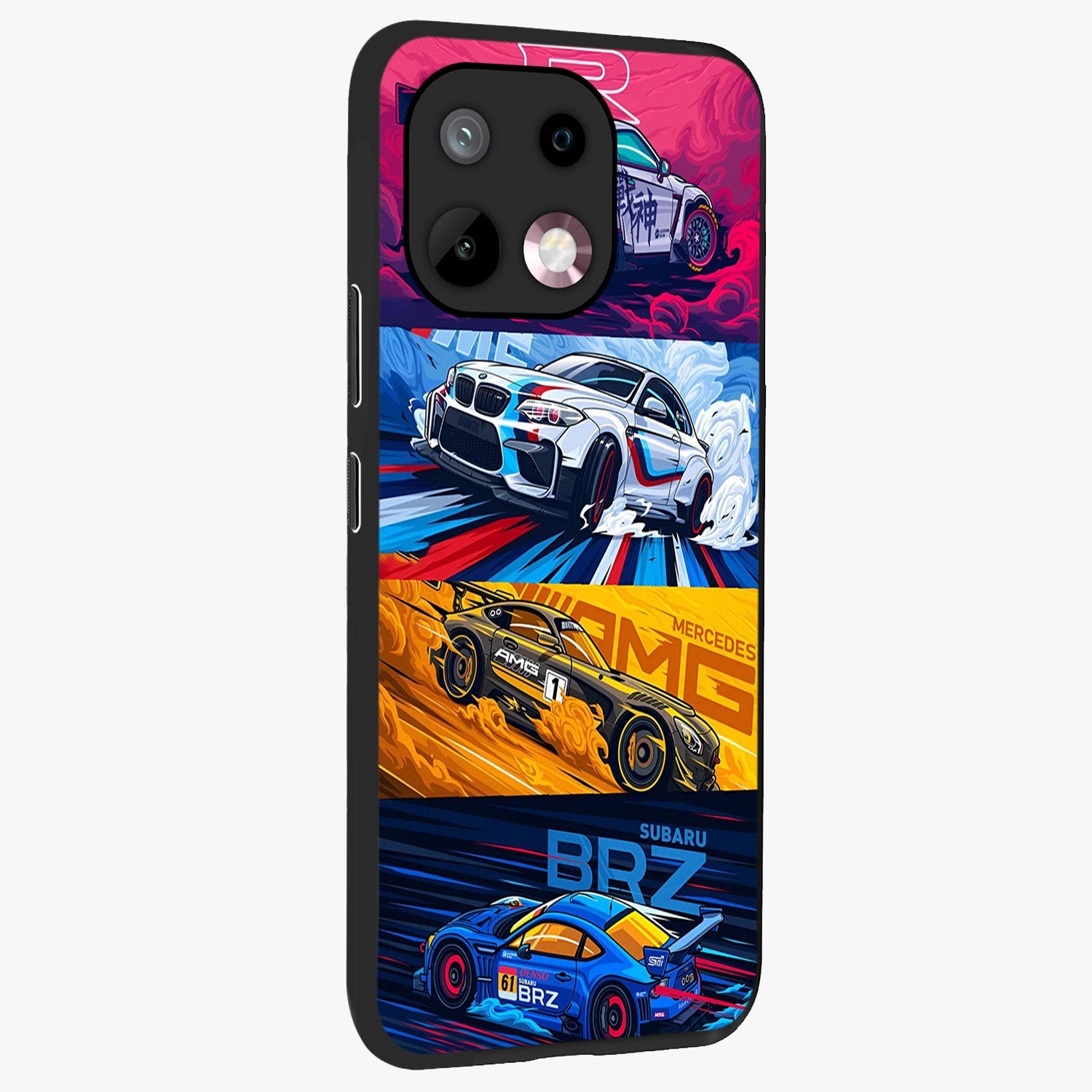 JDM Sports Car Glass Case upright view showcasing dynamic sports car artwork with bold racing theme.