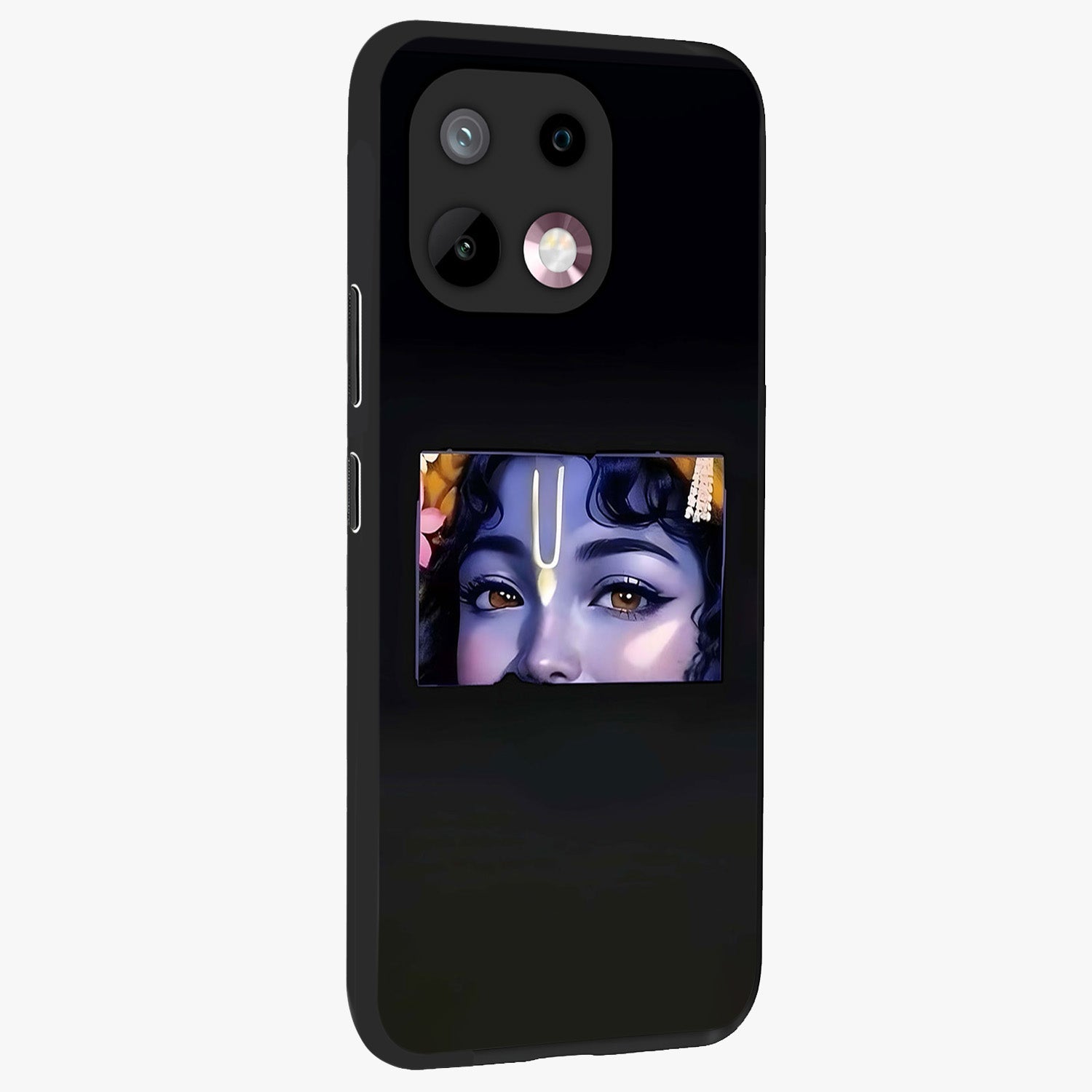 Krishna Divine Embrace Glass Case upright view showcasing sacred Krishna artwork with peaceful devotional theme.