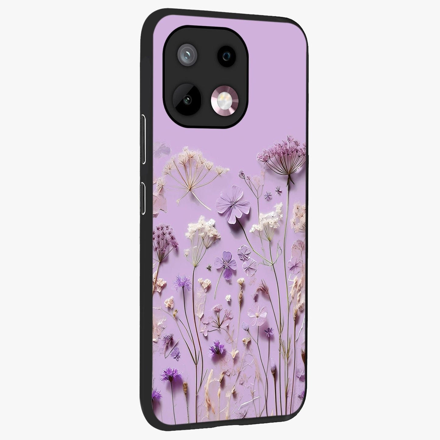 Lavender Blossom Dream Glass Case upright view showcasing delicate lavender blossom artwork with peaceful floral theme.