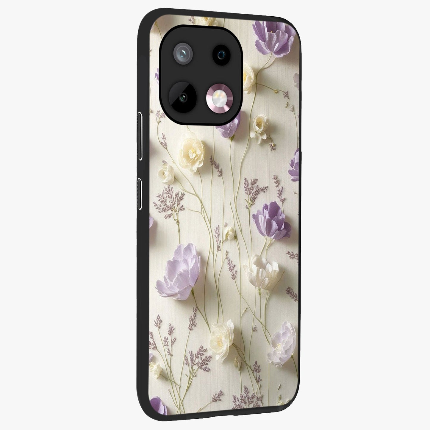 Lilac Breeze Harmony Glass Case upright view showcasing delicate lilac artwork with peaceful floral theme.