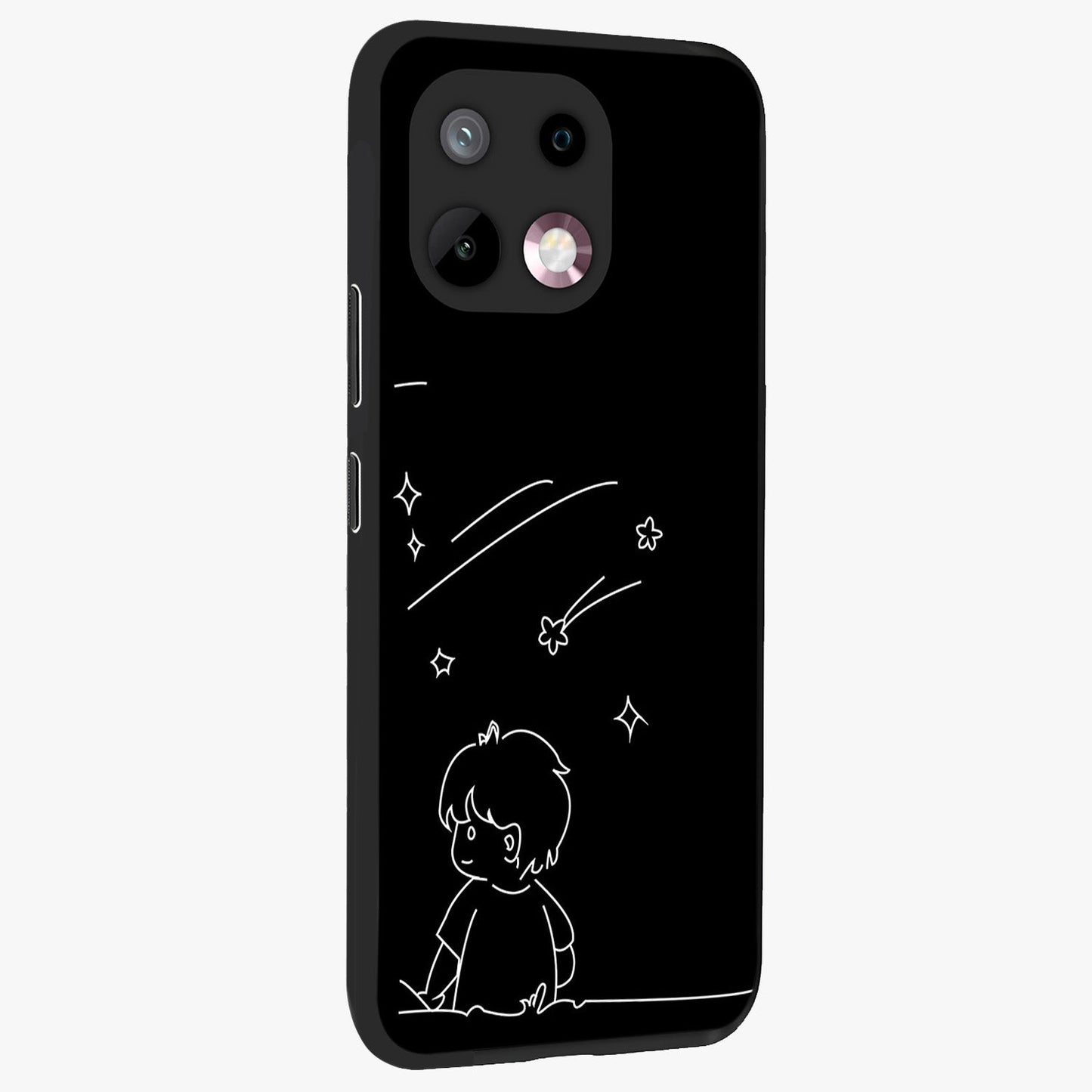 Line Art Boy With Shooting Stars Glass Case upright view showcasing artistic shooting star illustration with minimal style.