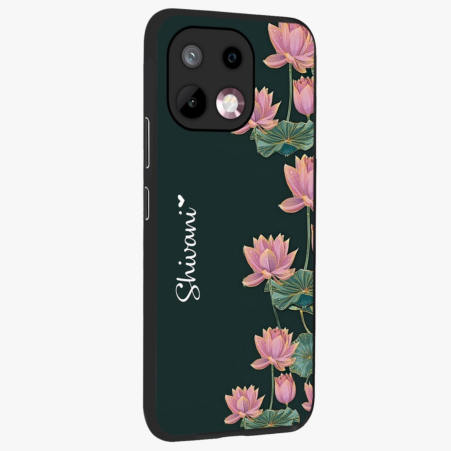 Lotus Bloom Serenity Custom Name Glass Case upright view showcasing serene lotus bloom artwork with personalized floral aesthetic.