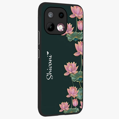 Lotus Bloom Serenity Custom Name Glass Case upright view showcasing serene lotus bloom artwork with personalized floral aesthetic.