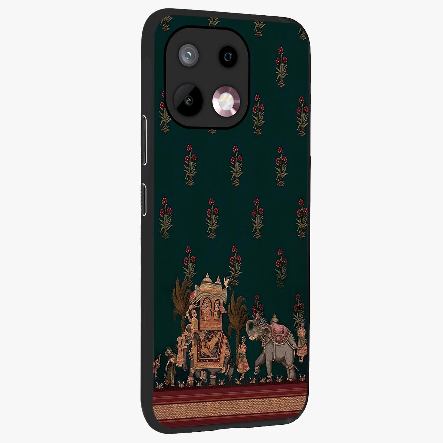 Macmerise Glass Case upright view showcasing bold artistic artwork with contemporary design theme.