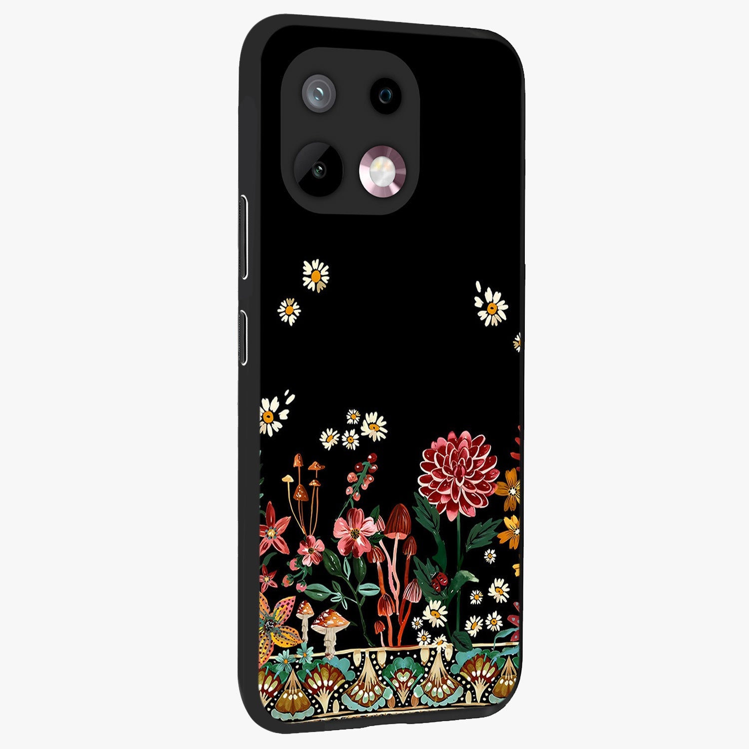 Midnight Bloom Pattern Glass Case upright view showcasing decorative floral artwork with deep night themed palette.