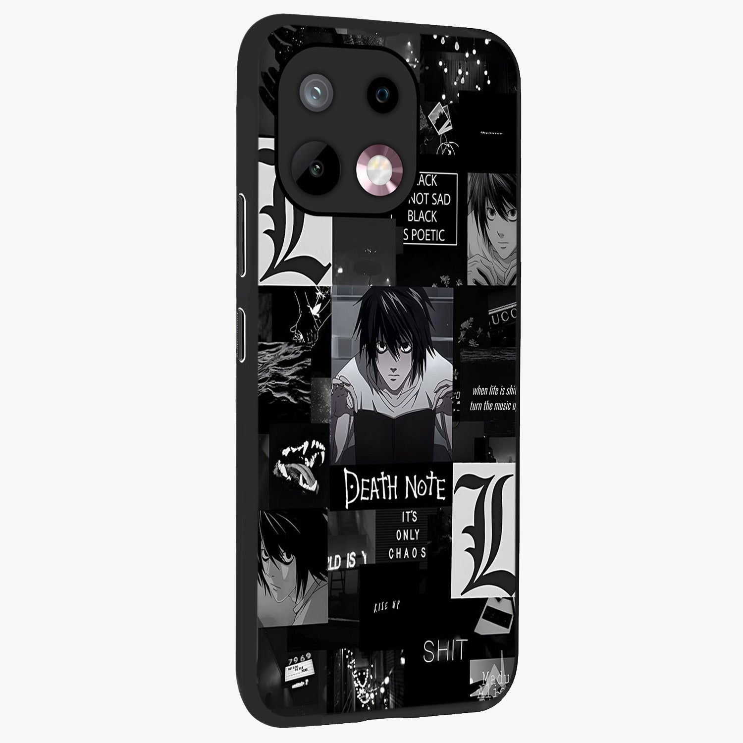 Midnight Chaos Mind Glass Case upright view showcasing expressive abstract artwork with bold dark theme.