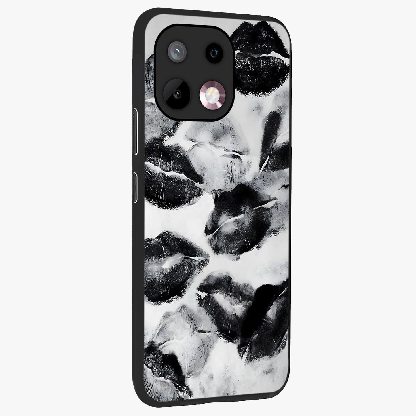 Midnight Kiss Marks Glass Case upright view showcasing stylish kiss mark artwork with trendy romantic theme.