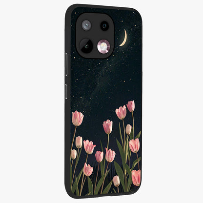Midnight Tulip Whispers Vibe Glass Case upright view showcasing graceful tulip artwork with calm botanical theme.