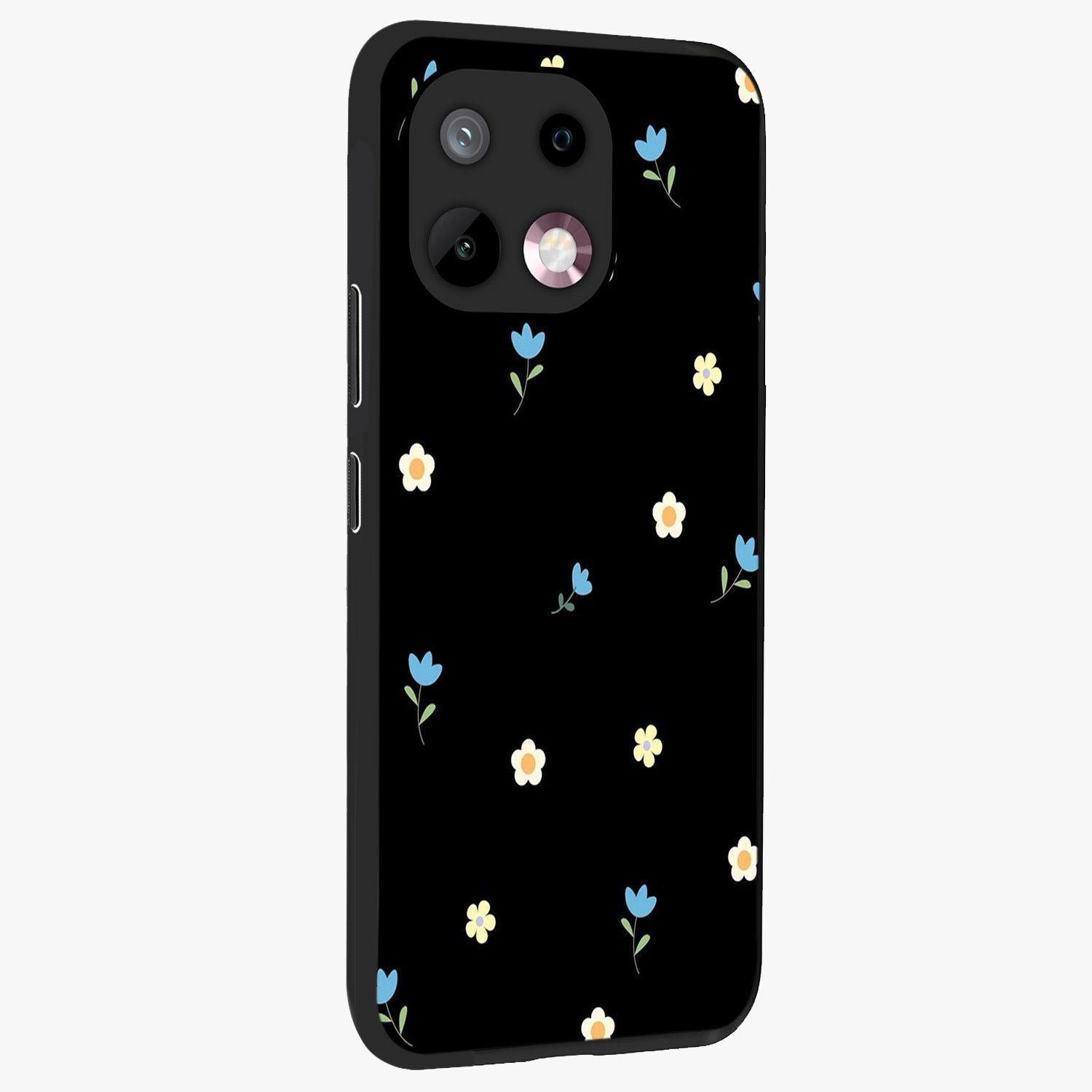 Minimal Petal Whispers Glass Case upright view showcasing elegant floral artwork with modern minimalist style.