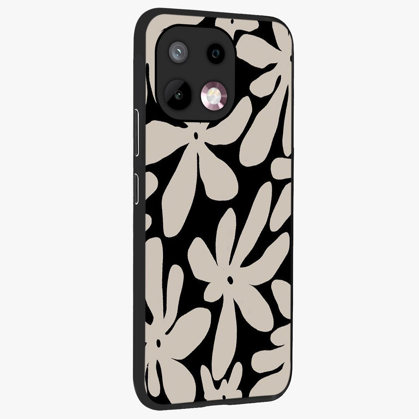 Monochrome Petal Dance Glass Case upright view showcasing artistic floral pattern with stylish monochrome theme.