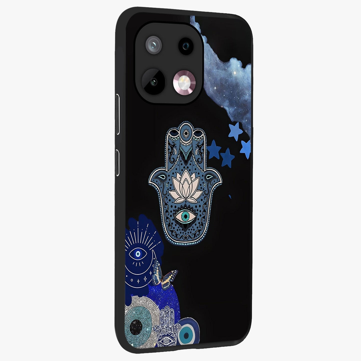 Mystic Hand Aura Glass Case upright view showcasing symbolic hand artwork with mystical energy theme.