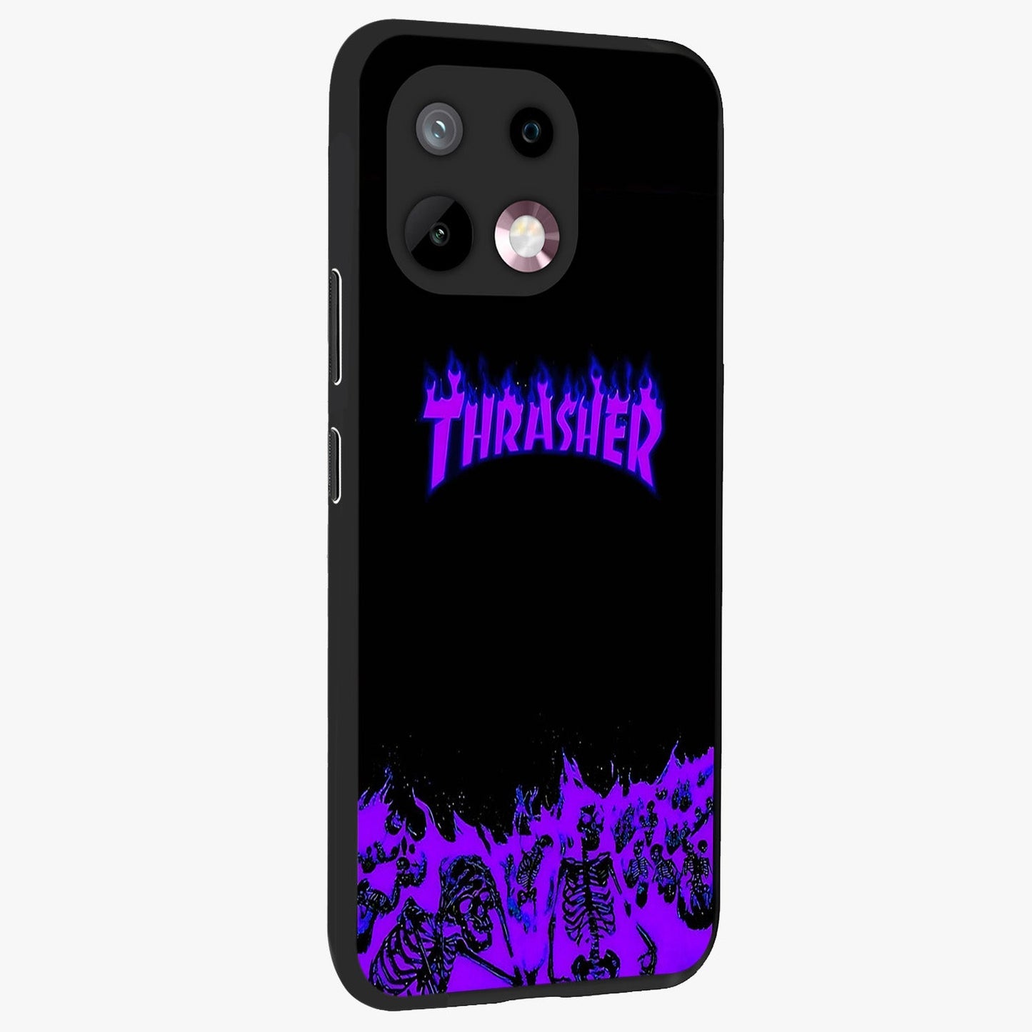 Neon Flame Riot Glass Case upright view showcasing dynamic flame artwork with energetic neon theme.