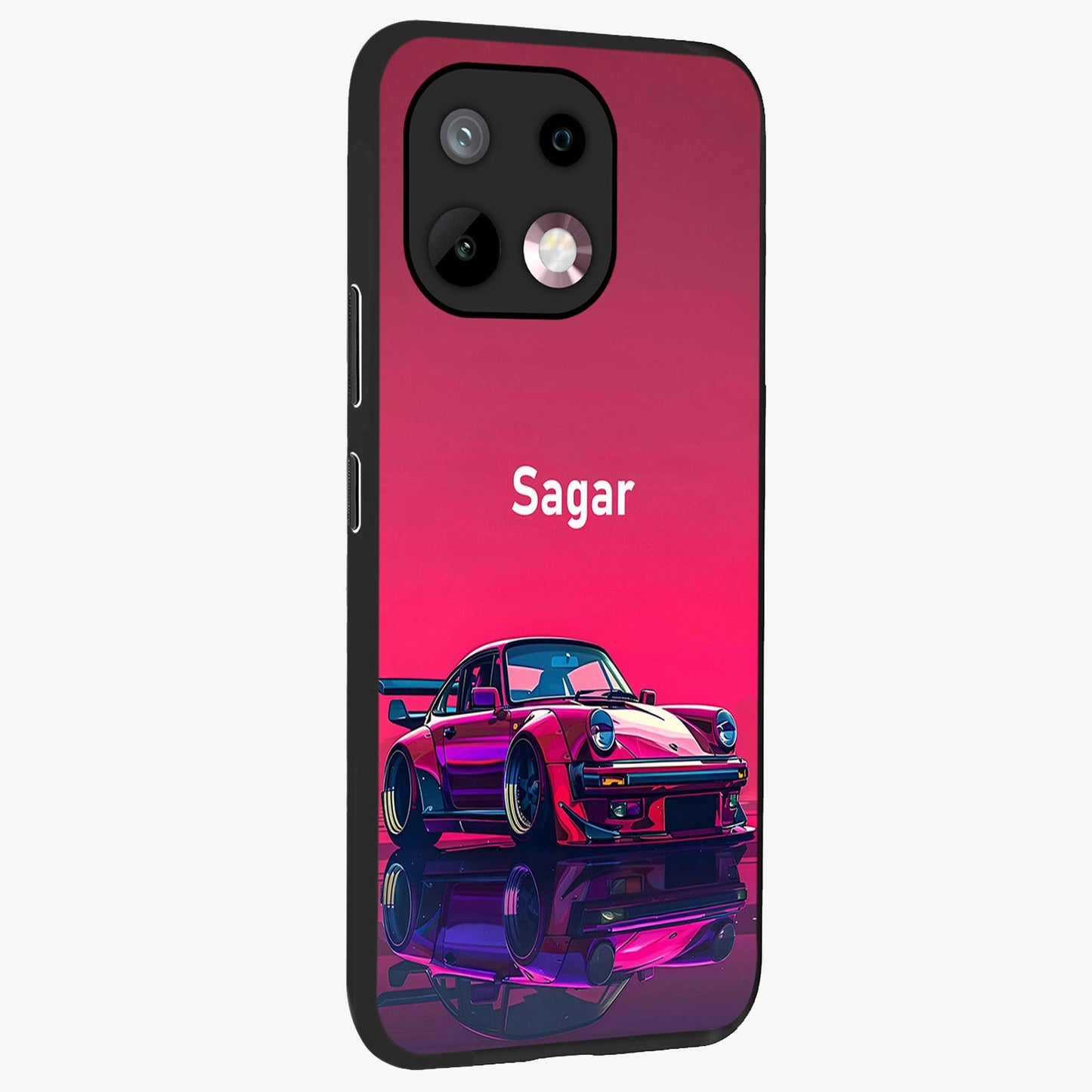 Neon Pink Porsche Glass Case upright view showcasing vibrant sports car artwork with bold automotive theme.
