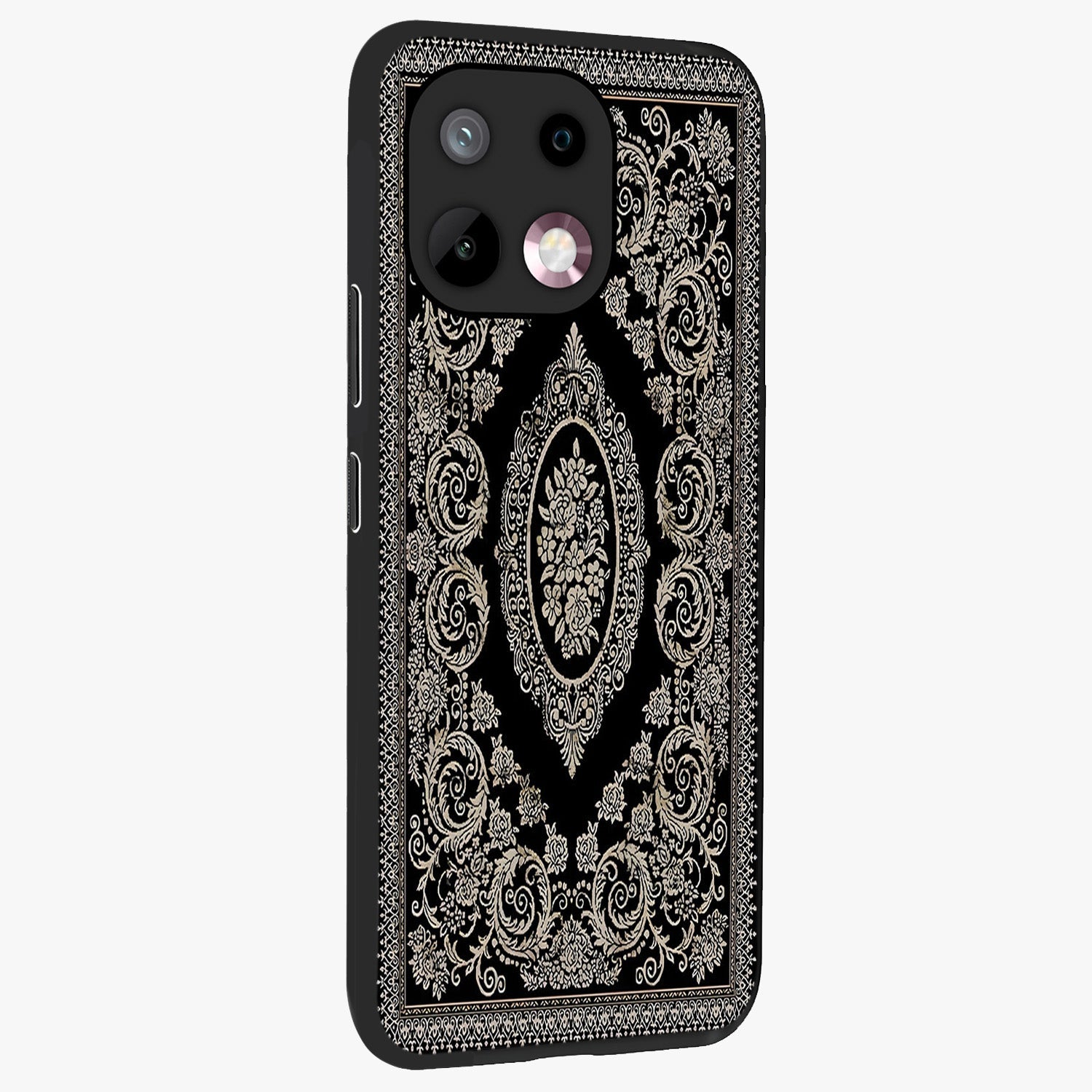 Noir Bloom Elegance Glass Case upright view showcasing graceful floral artwork with luxurious dark theme.