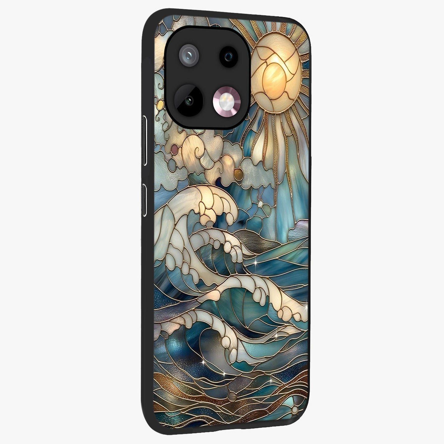 Oceanic Stained Printed Glass Case upright view showcasing decorative ocean pattern artwork with vibrant marine theme.