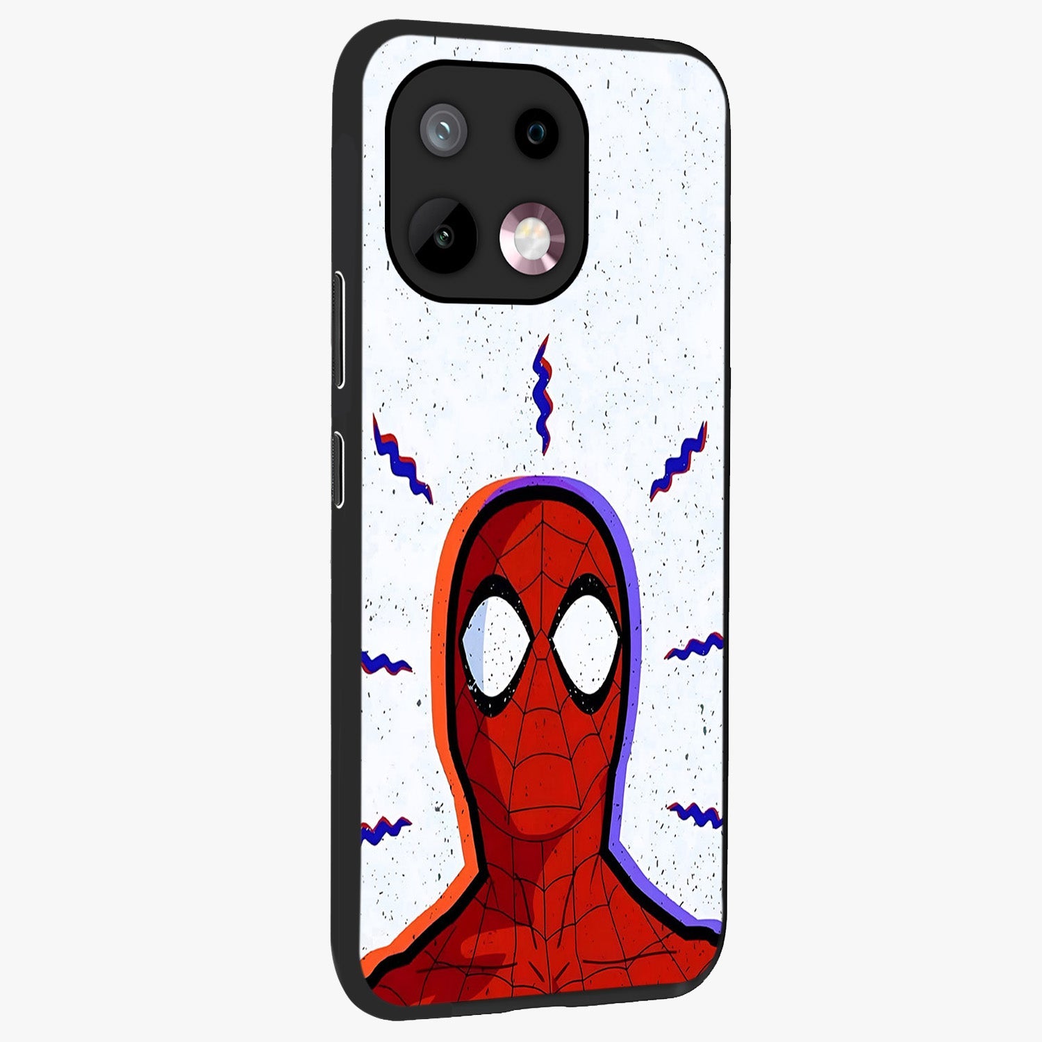 Omg Spiderman Glass Case upright view showcasing energetic superhero artwork with vibrant comic theme.