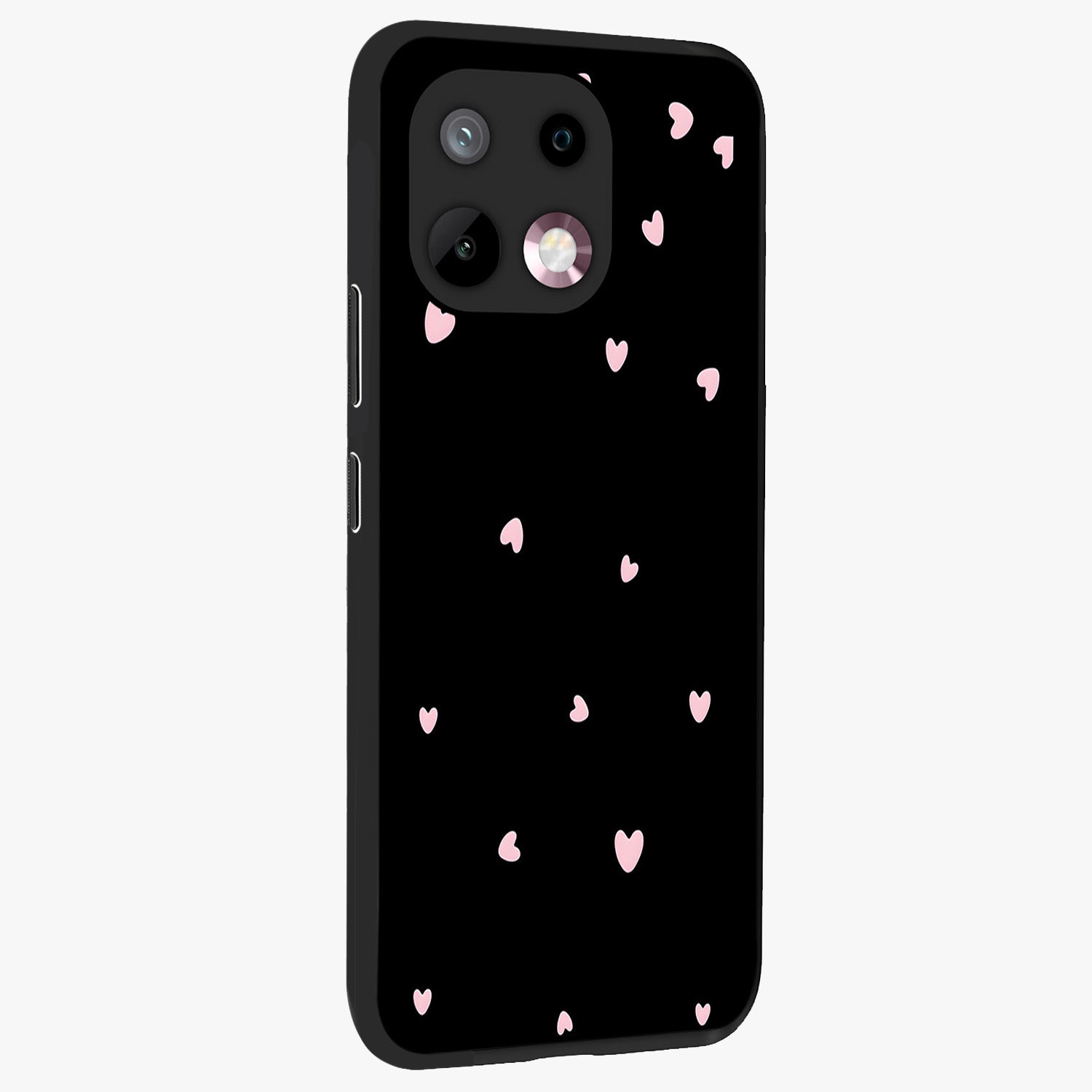 Pink Love Drops Glass Case upright view showcasing charming heart drop artwork with romantic playful theme.