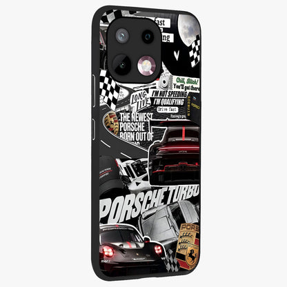 Porsche Racing Collage Glass Case upright view showcasing energetic car collage artwork with high speed racing theme.