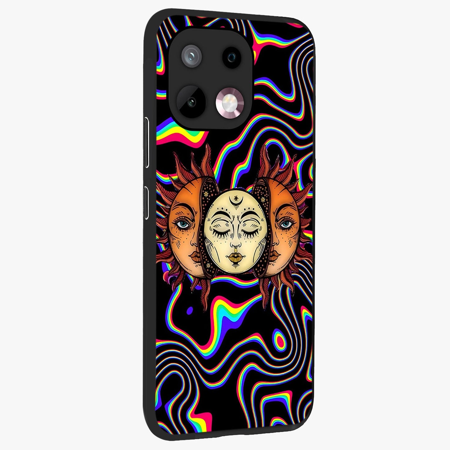 Psychedelic Sun Glass Case upright view showcasing trippy sun artwork with bold psychedelic theme.