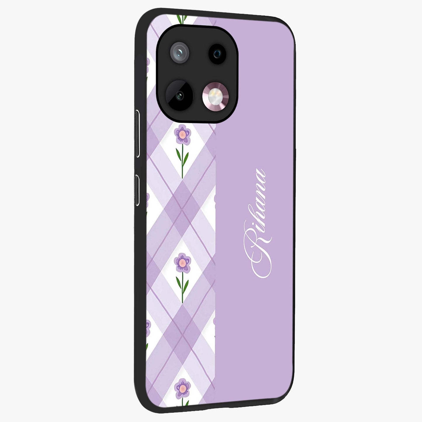 Purple Diamond Floral Glass Case upright view showcasing vibrant floral artwork with stylish geometric theme.