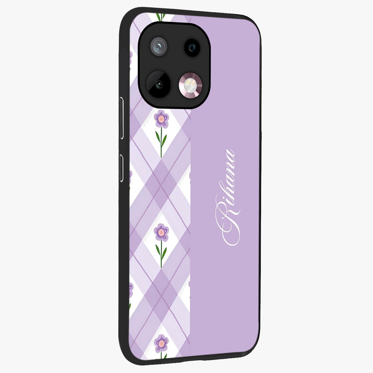 Purple Diamond Floral Glass Case upright view showcasing vibrant floral artwork with stylish geometric theme.