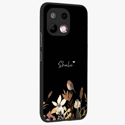 Quiet Garden Tune Custom Name Glass Case upright view showcasing serene botanical artwork with personalized aesthetic.