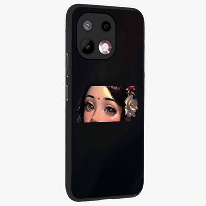 Radha Divine Embrace Glass Case upright view showcasing sacred Radha themed artwork with peaceful devotional style.