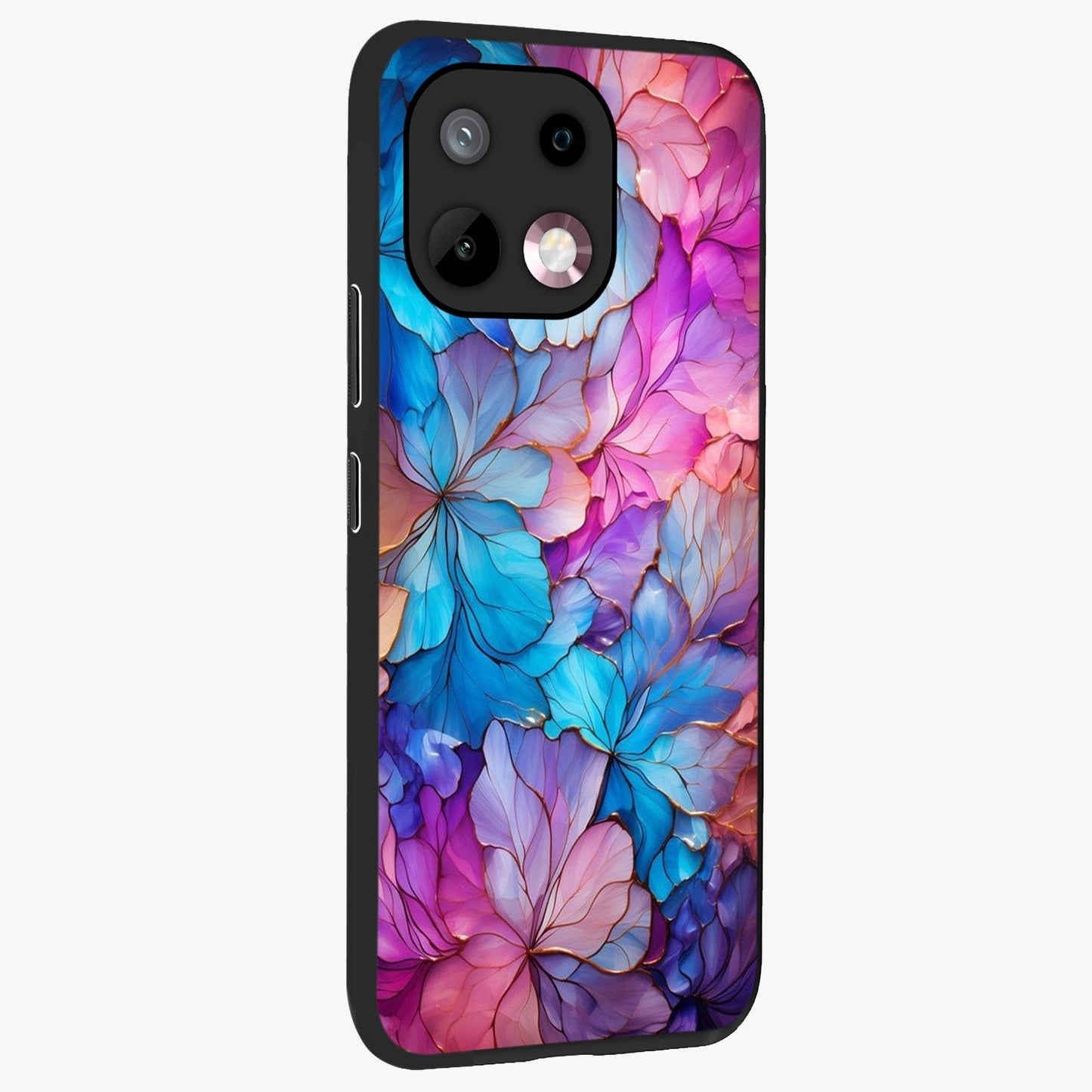 Radiant Floral Whirl Glass Case upright view showcasing lively floral artwork with decorative swirl theme.