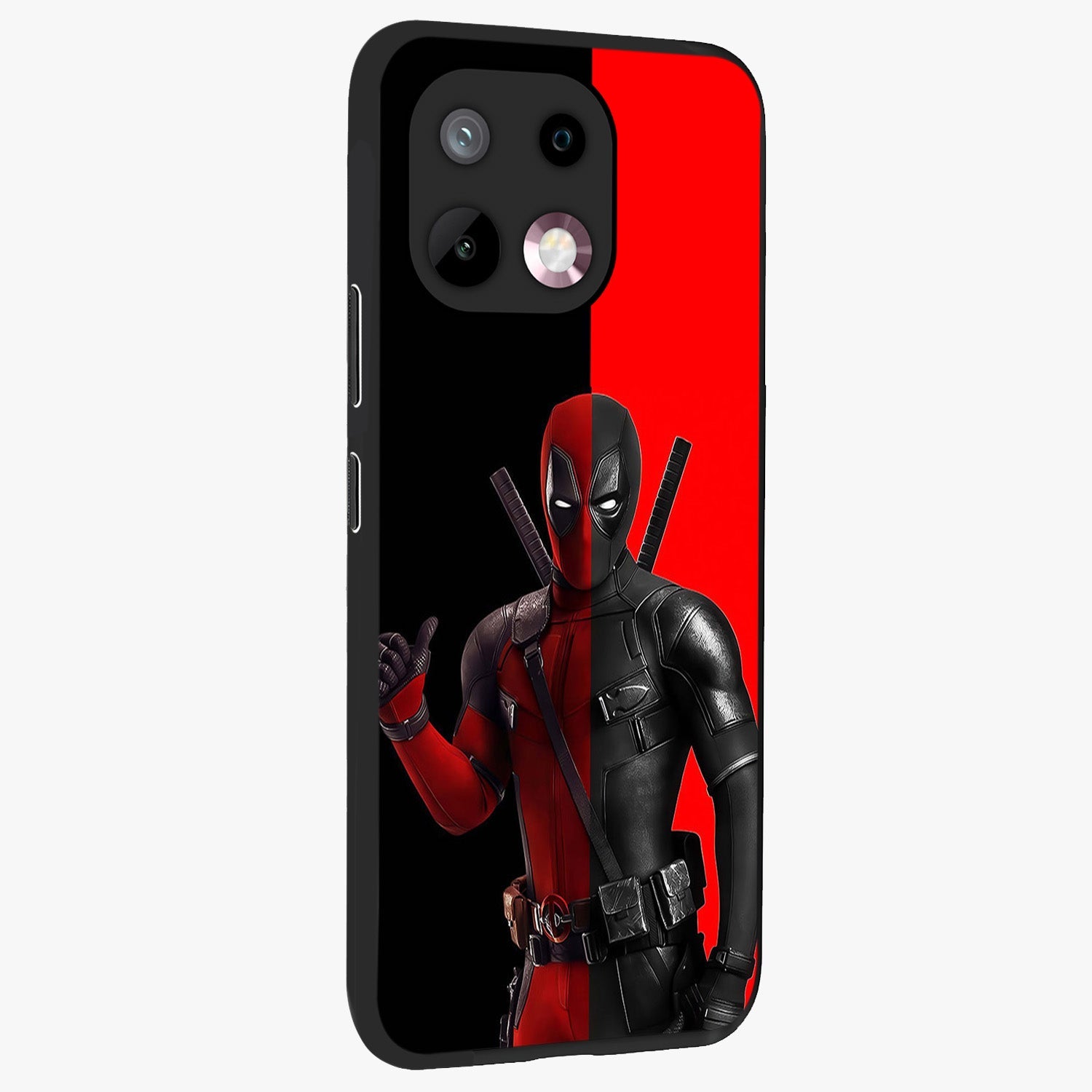 Red & Black Deadpool Theme Glass Case upright view showcasing energetic comic themed artwork with striking red and black design.