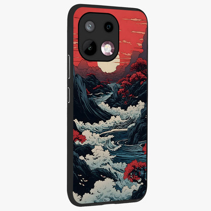 Red Sunset Scenery Glass Case upright view showcasing dramatic sunset scenery artwork with warm nature theme.