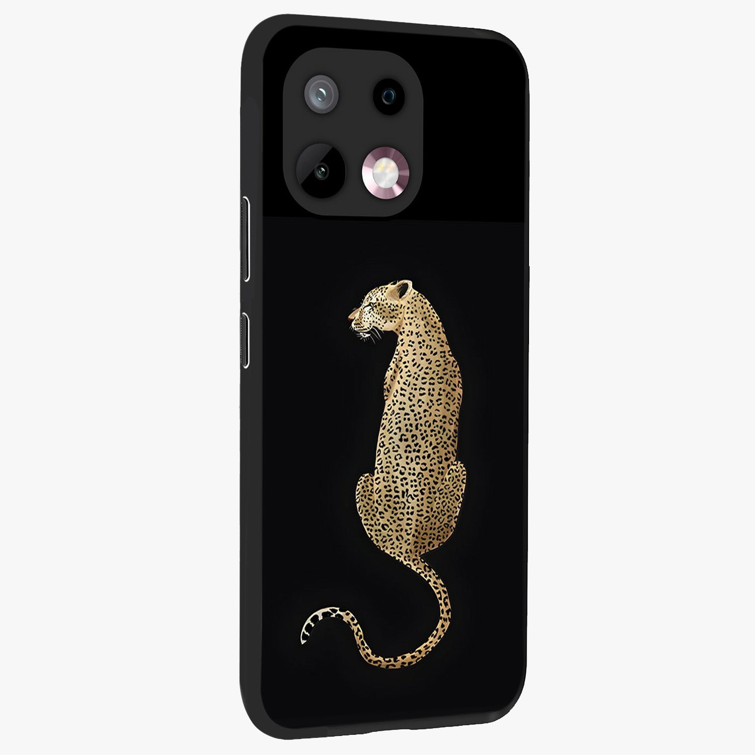 Regal Leopard Glass Case upright view showcasing striking leopard artwork with fierce wildlife theme.