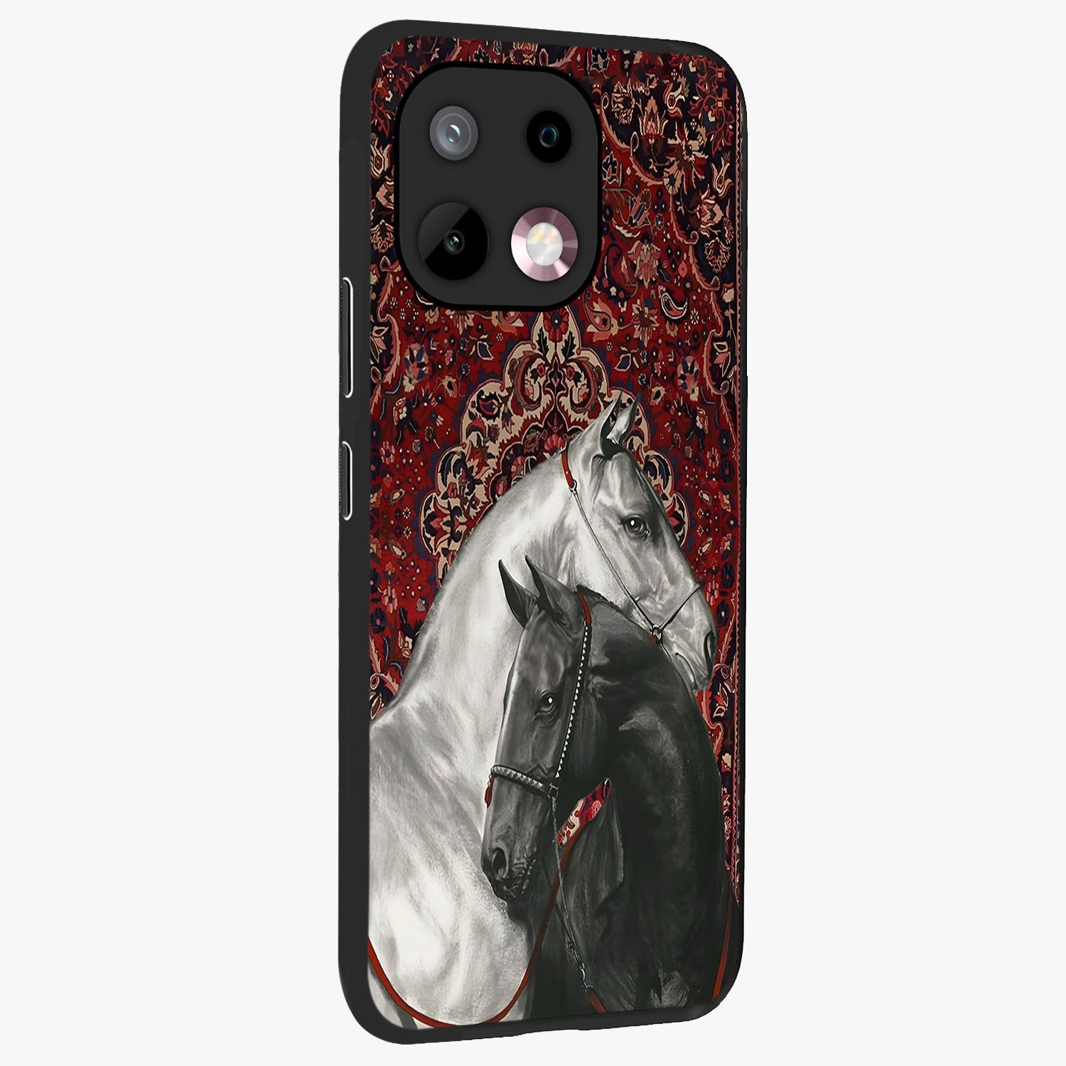 Regal Stallion Tapestry Glass Case upright view showcasing powerful horse artwork with elegant tapestry theme.