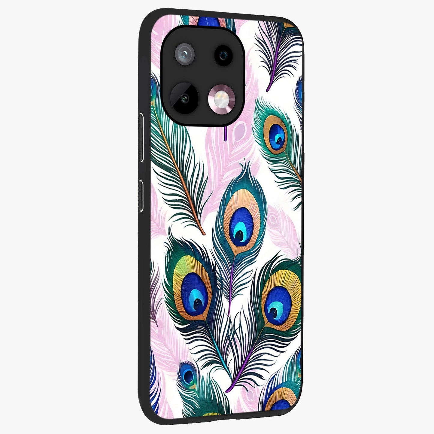 Royal Peacock Feathers Glass Case upright view showcasing elegant peacock feather artwork with decorative royal theme.