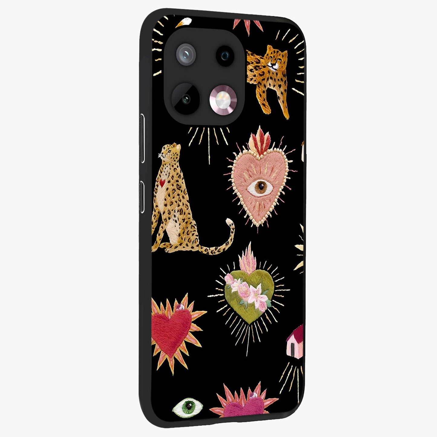 Sacred Jungle Heart Glass Case upright view showcasing vibrant jungle artwork with symbolic heart theme.