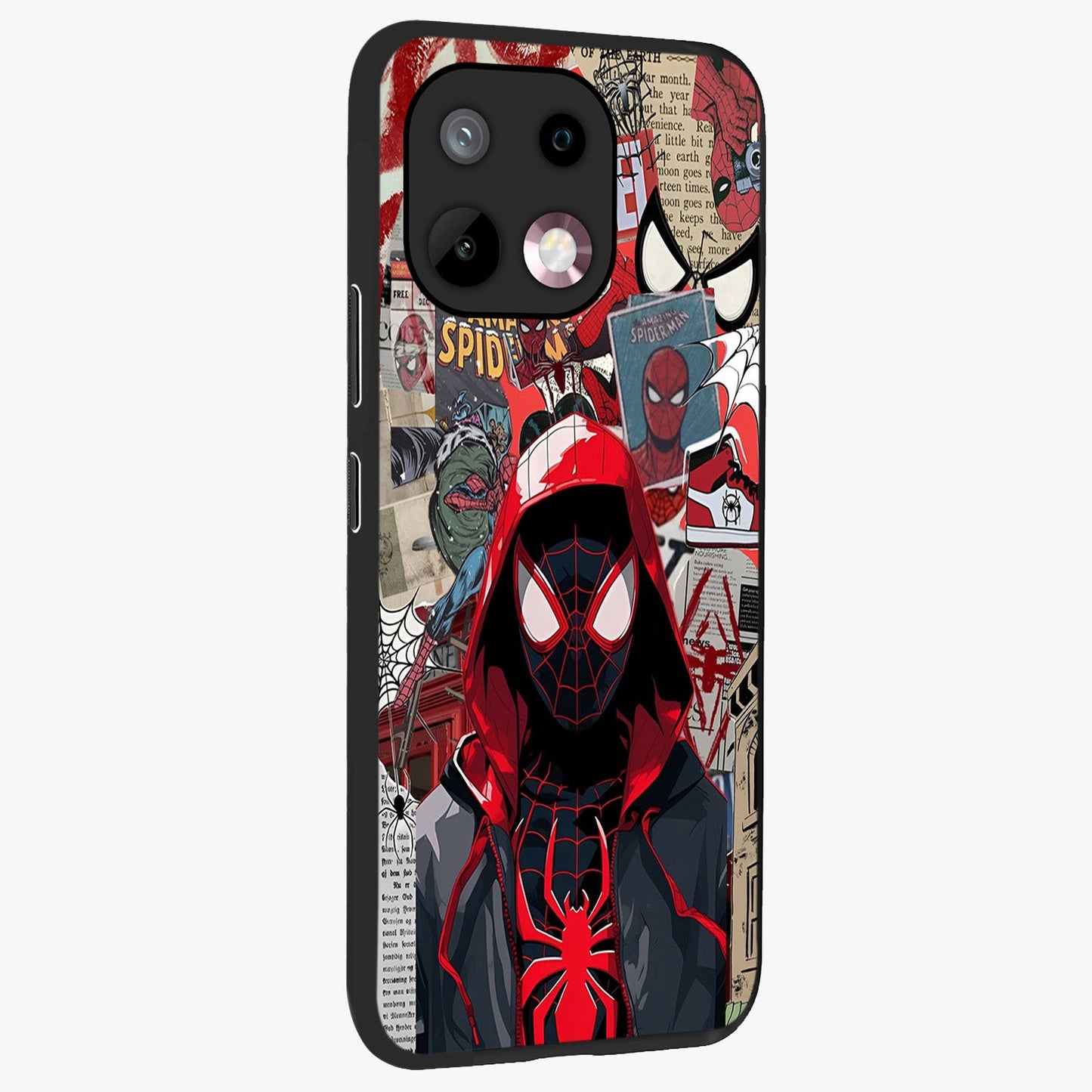 Spider Collage Street Glass Case upright view showcasing bold superhero artwork with urban street theme.