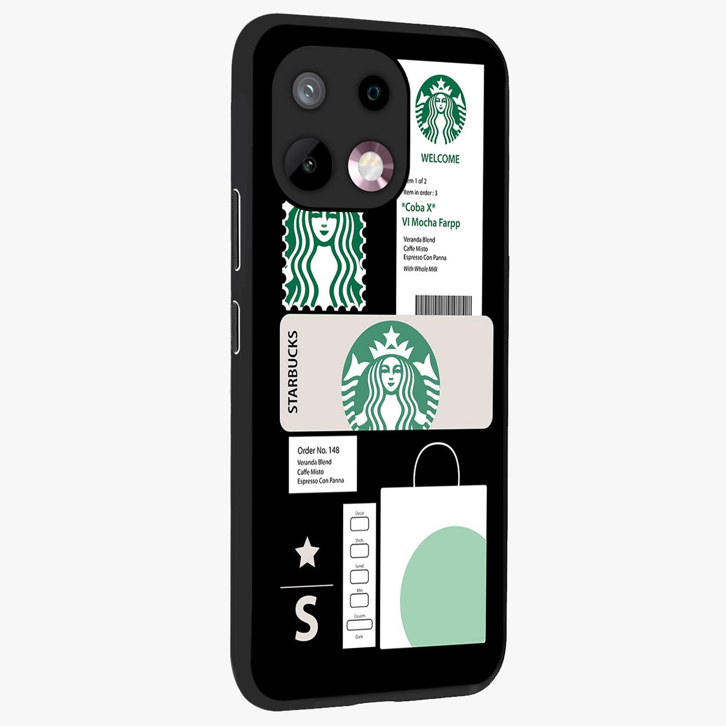 Starbucks Mocha Glass Case upright view showcasing trendy coffee inspired artwork with modern lifestyle theme.