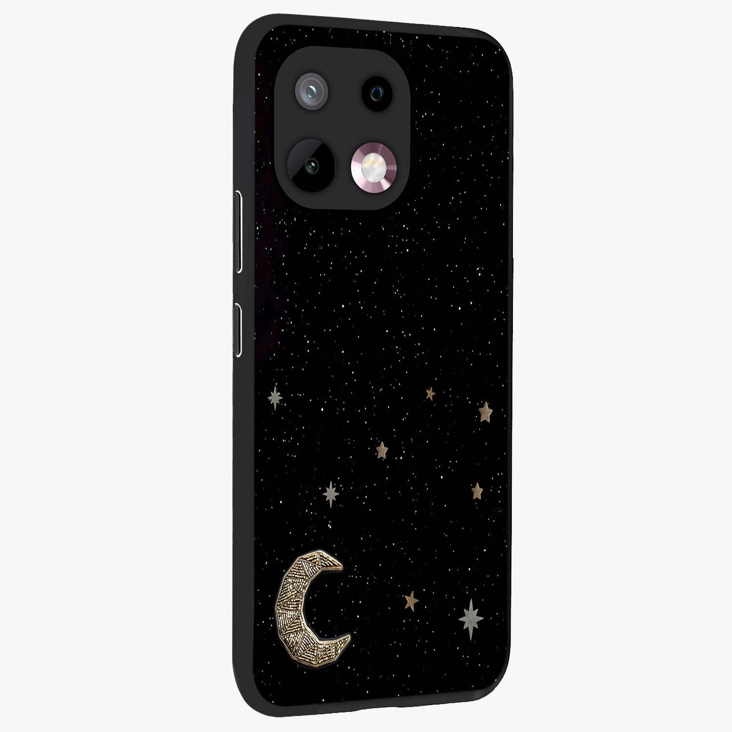 Twinkle Star With Half Moon Glass Case upright view showcasing glowing cosmic artwork with dreamy night theme.
